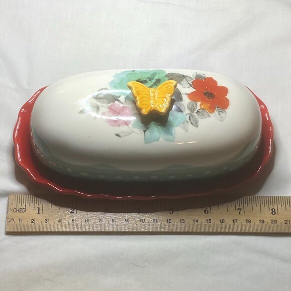 Pioneer Woman Floral Butterfly Butter Dish Red Base Retired OS - Picture 12 of 12